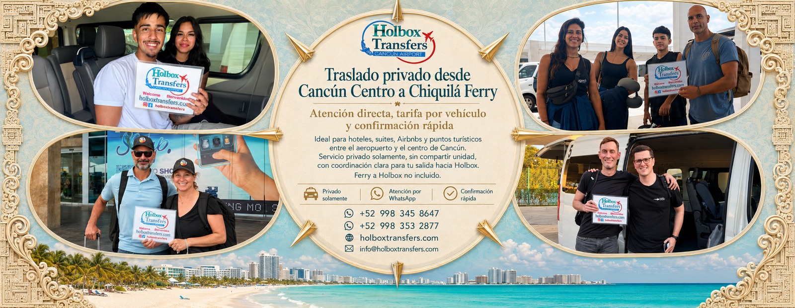Traslado privado desde Cancún Centro y corredor aeropuerto-ciudad a Chiquilá Ferry con HolboxTransfers.com